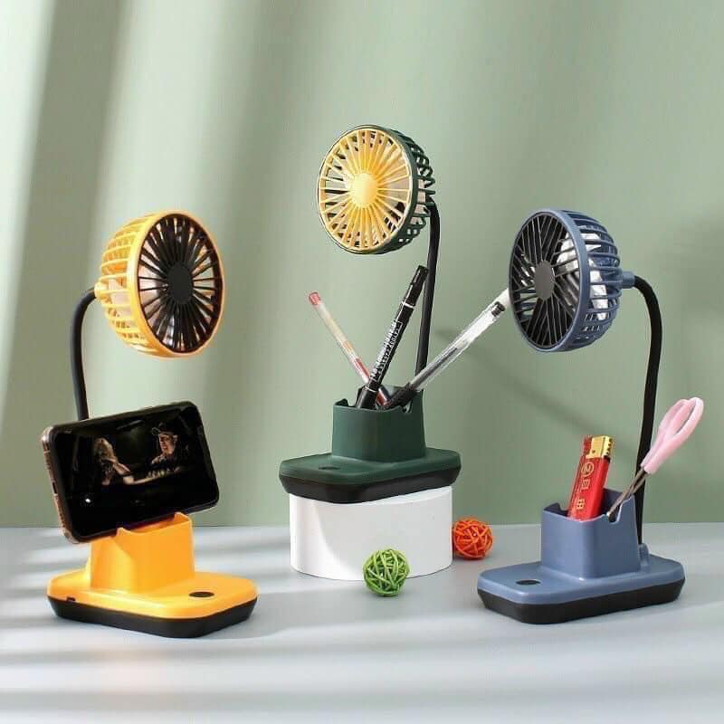 Quạt Tích Điện Mini Để Bàn 3 Trong 1 Có Hộp Bút và Kệ Để Điện Thoại Vô Cùng Tiện Lợi