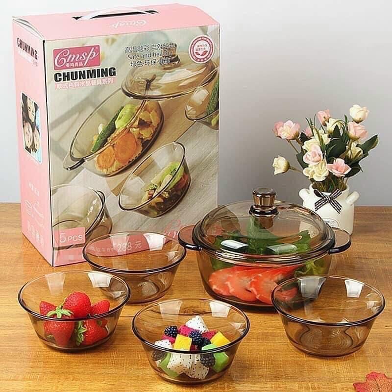BỘ 3 NỒI VÀ CHÉN BÁT THỦY TINH TRONG SUỐT CHỊU NHIỆT CHUNMING