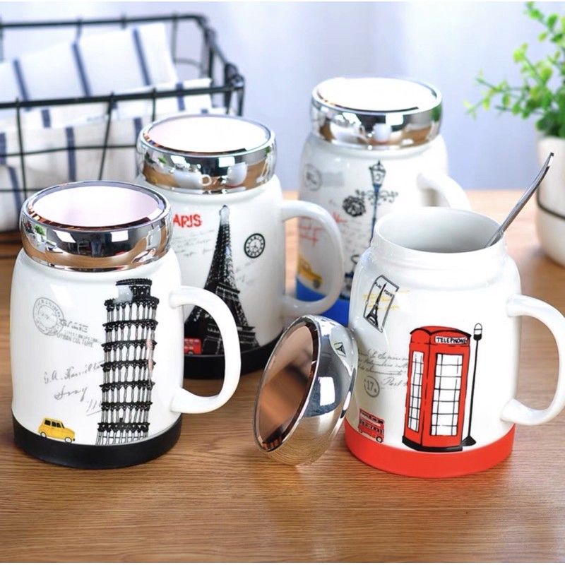 Cốc sứ uống nước hoạ tiết nắp gương kèm thìa inox 500ml