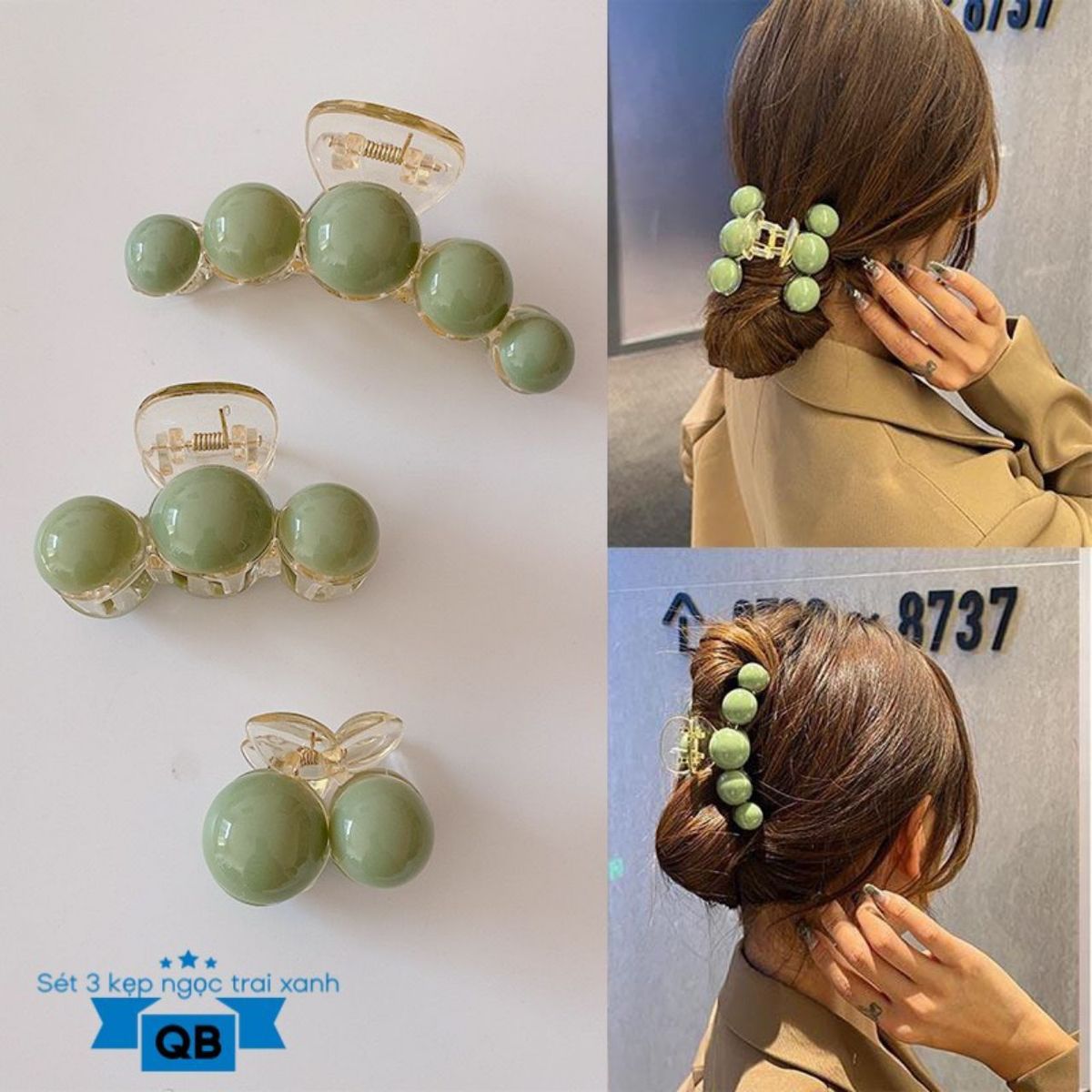 Set 3 kẹp ngọc trai xanh